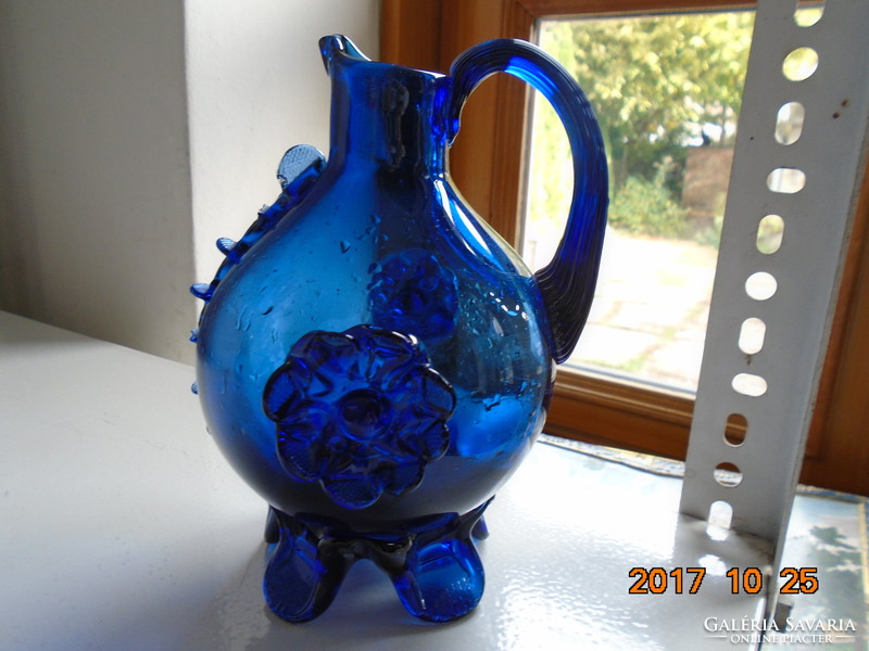 Murano indigo blue floral, footed, crested ornament jug 18 cm