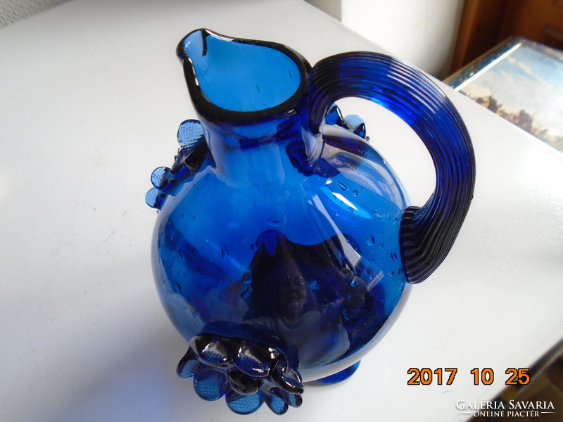 Murano indigo blue floral, footed, crested ornament jug 18 cm