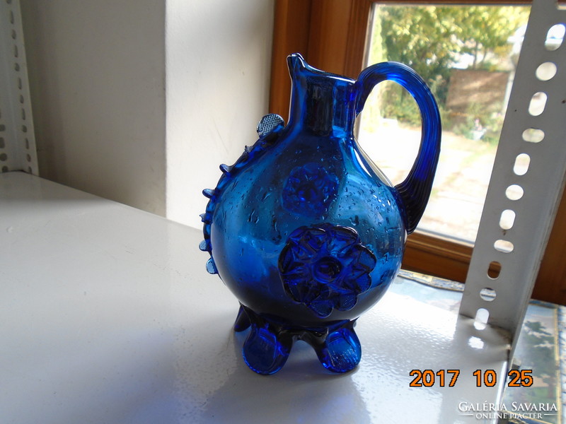 Murano indigo blue floral, footed, crested ornament jug 18 cm