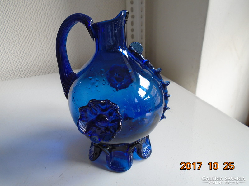 Murano indigo blue floral, footed, crested ornament jug 18 cm