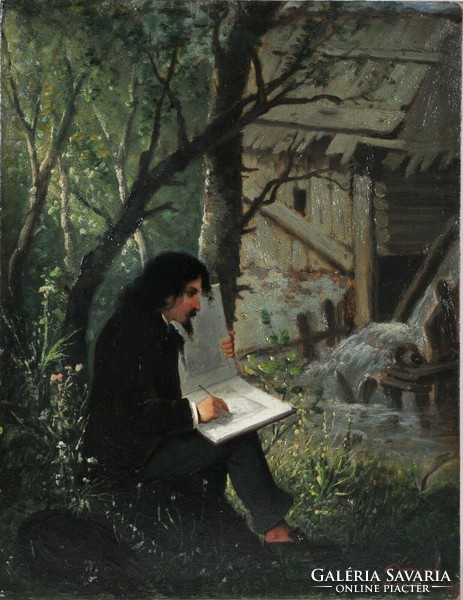 Josef Kinzel (1852-1925) Fiatal festő a folyó partján