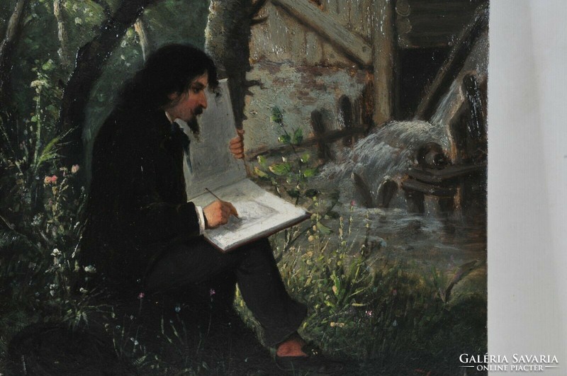 Josef Kinzel (1852-1925) Fiatal festő a folyó partján