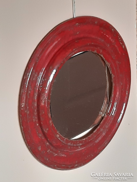 Small square pink mirror with a red applied art ceramic frame, bandaged :)