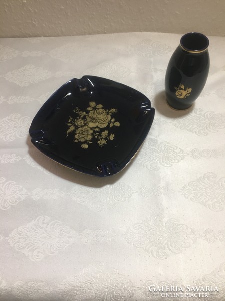 Kék hollóházi hamutartó és váza