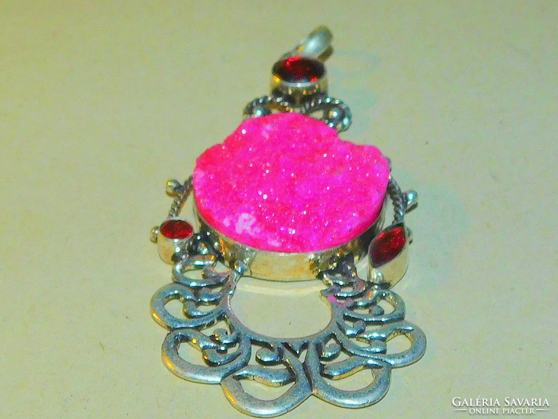 Pink druzy - Tibetan silver ethnic pendant with garnet stones