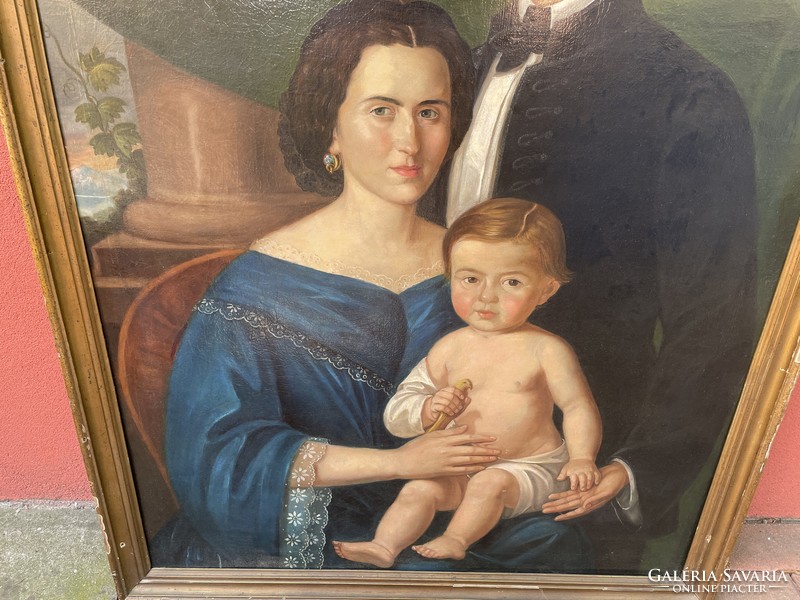 Antik családi portré Metzner Lajos  férfi női gyermek festmény