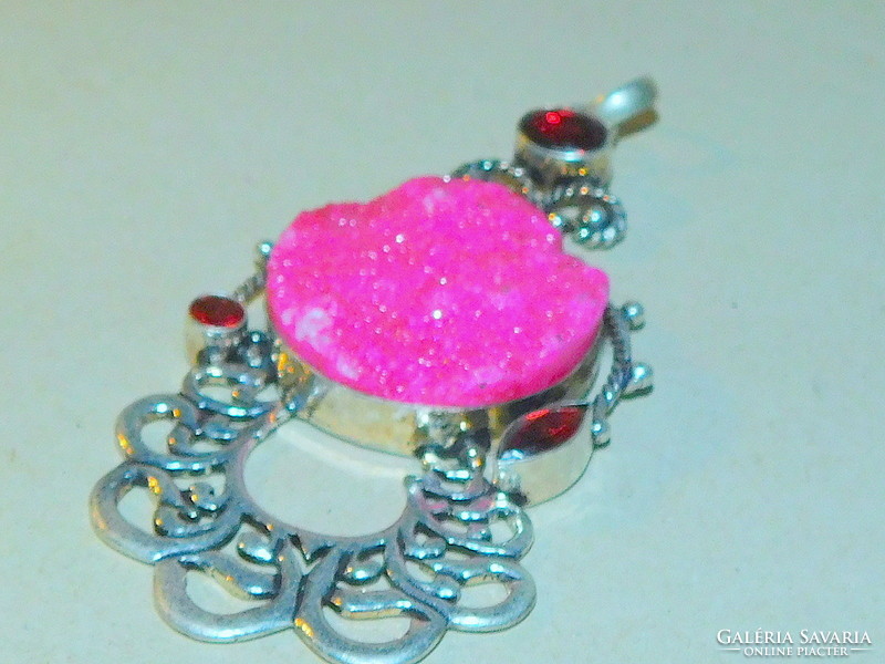 Pink druzy - Tibetan silver ethnic pendant with garnet stones