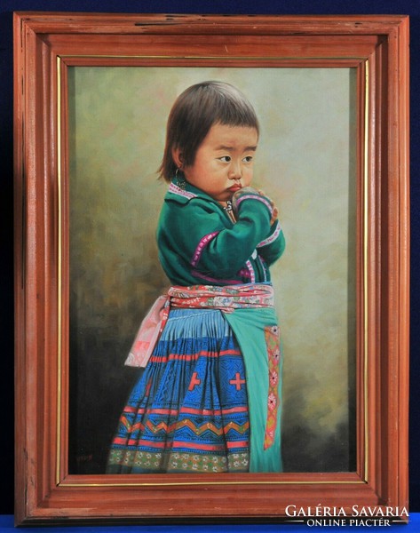 Egy mongol gyermek portréja, hagyományos ruhában "Vc. Rasil" aláírással, 1990