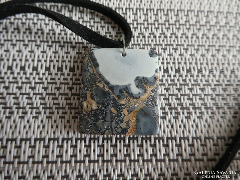 Natural breccia landscape jasper pendant jewelry necklace with nickel-free fitting on leather thread.