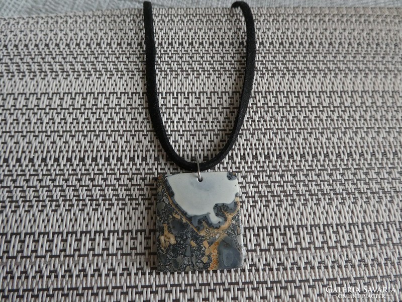 Natural breccia landscape jasper pendant jewelry necklace with nickel-free fitting on leather thread.