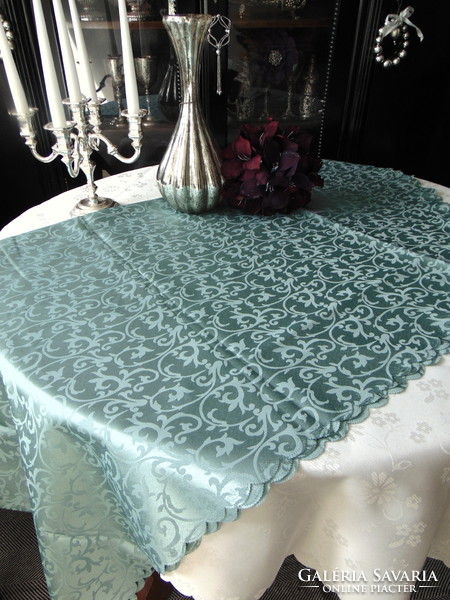 Álomszép elegáns olajfazöld selyemdamaszt asztalterítő 140 x 280 cm ! ovális