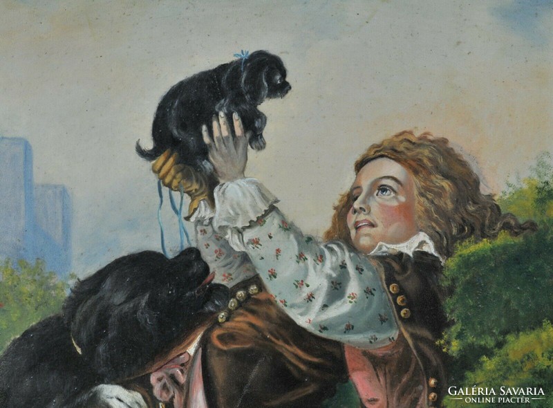 Egy fiatal fiú portréja kiskutyával, aláírással "Rausch" 19. század vége