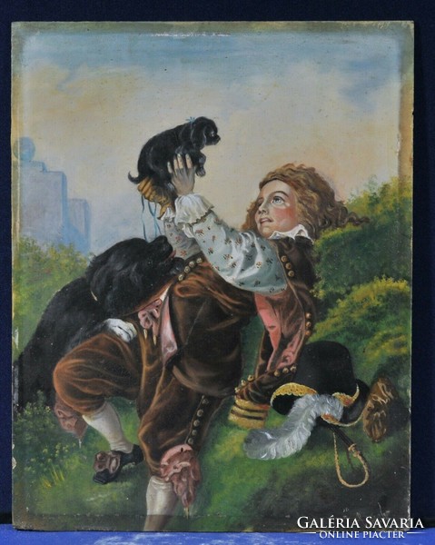 Egy fiatal fiú portréja kiskutyával, aláírással "Rausch" 19. század vége