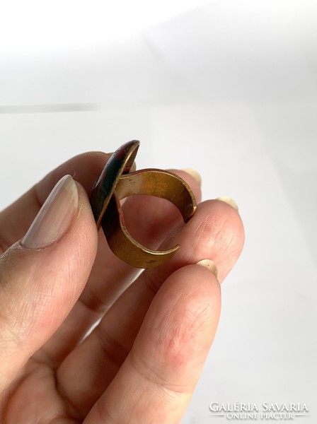 Large craftsman fire enamel bronze ring vintage! - Adjustable size!