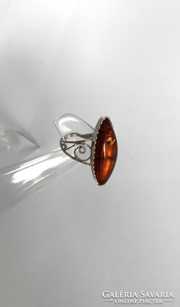 Vintage orosz ezüstözött borostyán köves gyűrű Méret átm:19 mm, régi borostyán ékszer,Bernstein Ring