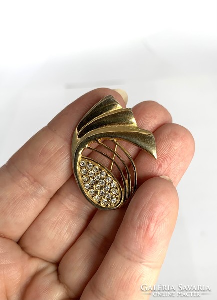 Vintage gold-plated rhinestone brooch pin from the 70s, retro anarny colored brooch