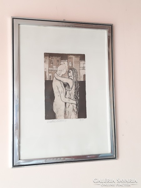 Love. Etching of a beautiful loving couple in a stylish frame by the Italian artist Rosetta Lavattup