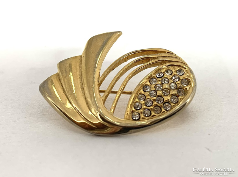Vintage gold-plated rhinestone brooch pin from the 70s, retro anarny colored brooch