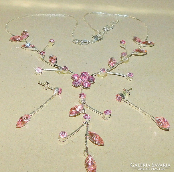 Set of pink flower tendril leaf coli white gold gold filled necklace