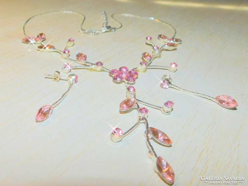 Set of pink flower tendril leaf coli white gold gold filled necklace