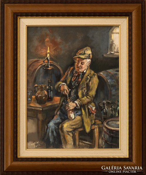 Oil painting by Károly Kassai - wine bar, with authenticity!