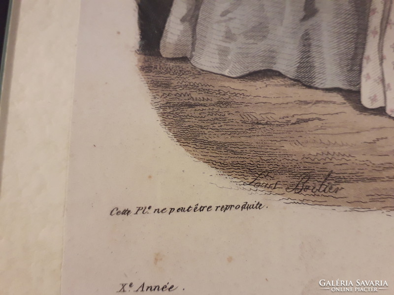 KERET ÁR! Francia antik acélmetszet kézi színezés antik divat nyomat Heloise Leloir értékes keretben