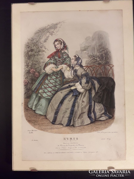French antique steel engraving with coloring antique fashion print marked Heloise Leloir in a precious frame