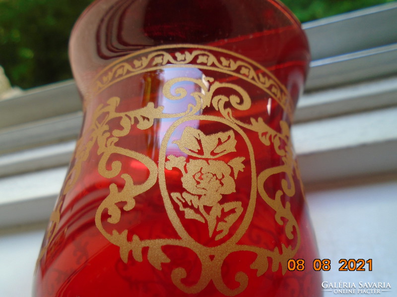 Ruby red craft glass vase with hand painted gold patterns