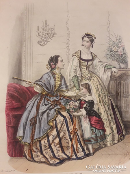 French antique steel engraving with hand coloring antique fashion print heloise leloir