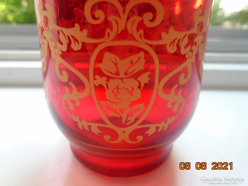 Ruby red craft glass vase with hand painted gold patterns