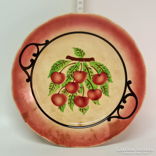 Hollóháza cherry pattern, burgundy rhyolite hard tile wall plate (1861)