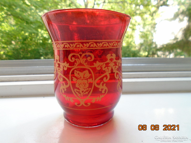 Ruby red craft glass vase with hand painted gold patterns