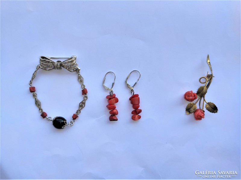 Dark coral, silver plated, badges, earrings