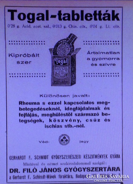 Togal gyógyszerreklám 1926