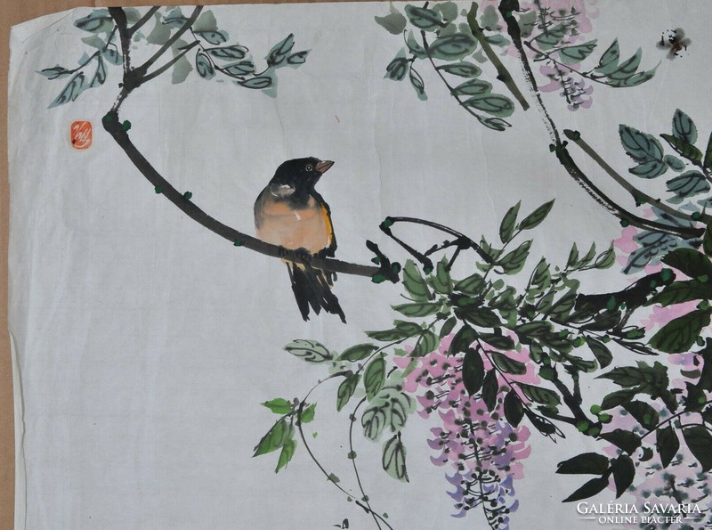 Ismeretlen koreai művész, virágzó ág madárral, akvarell, 20. század