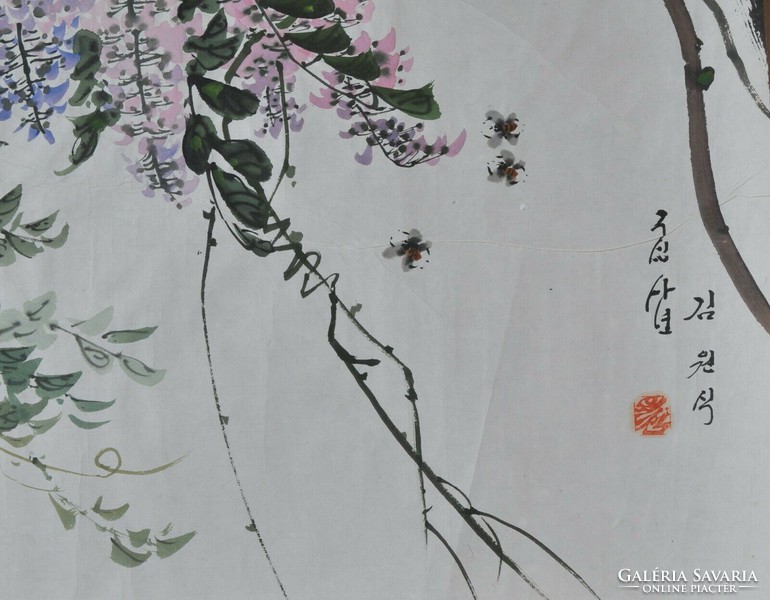 Ismeretlen koreai művész, virágzó ág madárral, akvarell, 20. század