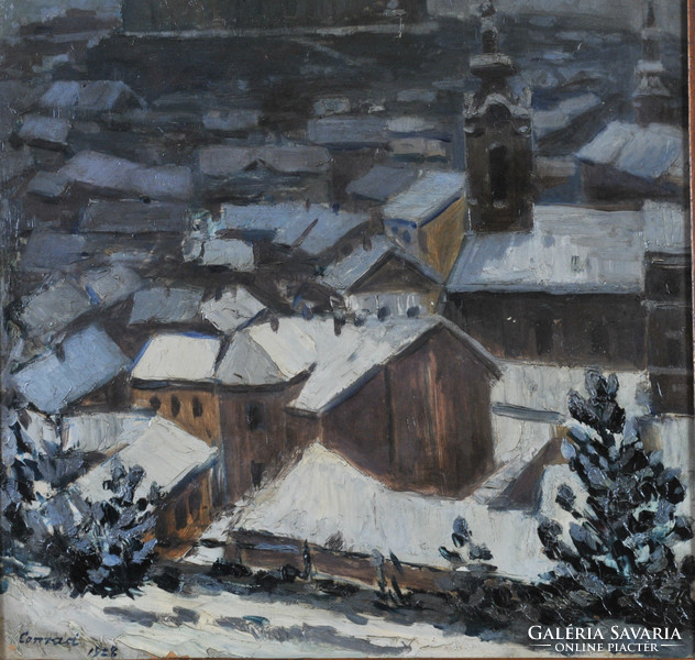Conrad Gyulanak tulajdonítva (Budapest, 1877-1959): Kilátás a budai várra és a Tabánra télen, 1928