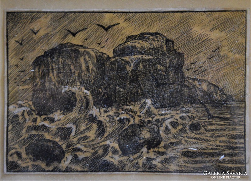 Unknown, mixed technique depicting waves in a frame, 14.5x10 cm