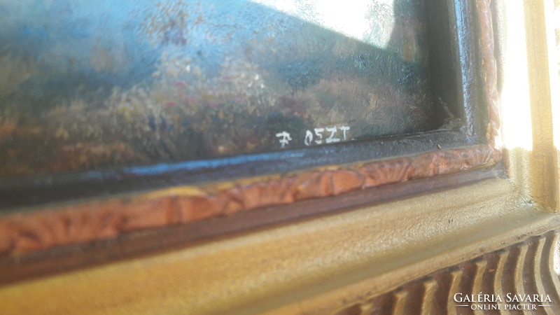 Magányos házikók (olajfestmény keretben 44x24 cm) "P. OSZT." jelzéssel