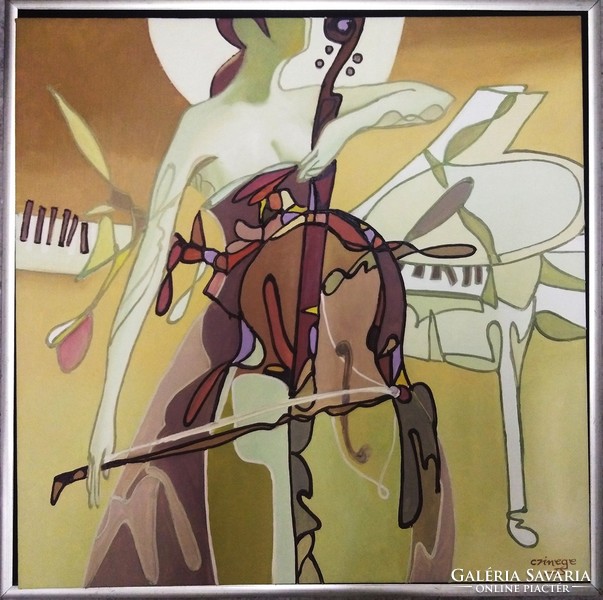 Czinege Zsolt különleges modern olaj-vászon, 'hölgyek és hangszerek' festmény