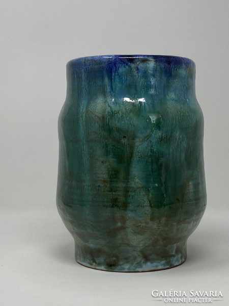 Nagy méretű jelzett retró kerámia váza türkiz zöld és kék színben -CZ