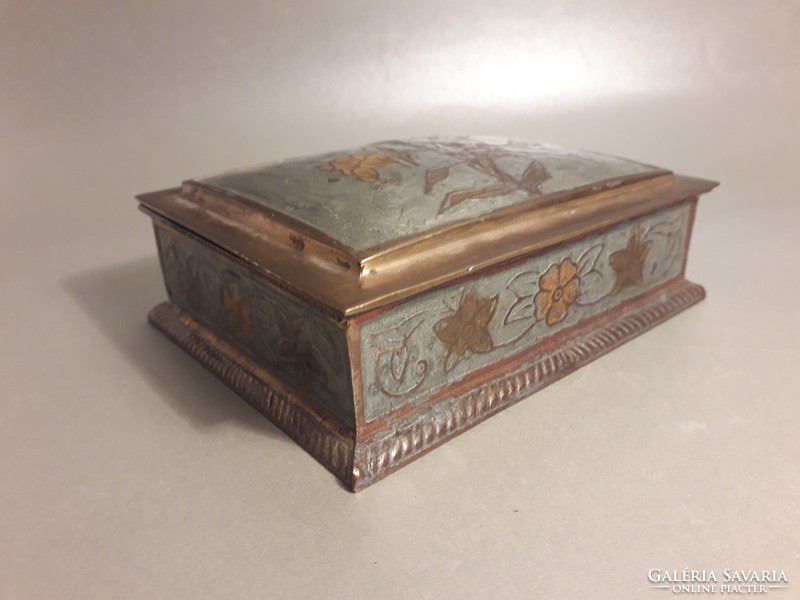 Copper box with enamel painted hand-made flower pattern