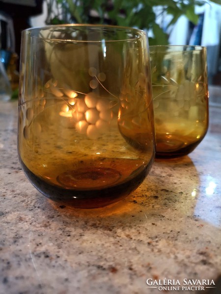 Amber colored engraved glass glasses 2 in one