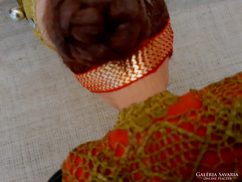 Old neck marked baby hand-painted beautiful face with sophisticated gold thread crocheted silk in folk dress