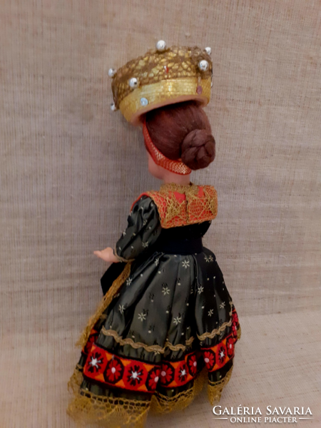 Old neck marked baby hand-painted beautiful face with sophisticated gold thread crocheted silk in folk dress
