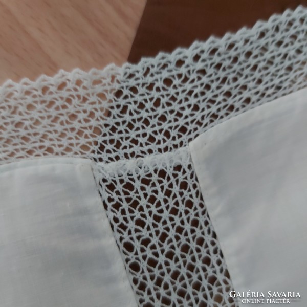 Antique tablecloth in white batiste fabric with handmade crochet insert and border, showy piece
