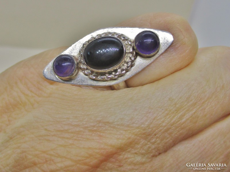 Különleges magyar ezüstgyűrű valódi ónix és ametiszt