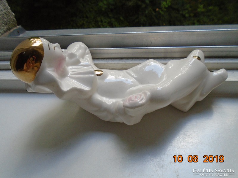 Art deco pierrot (sad clown) with rose, hand-painted, gilded porcelain