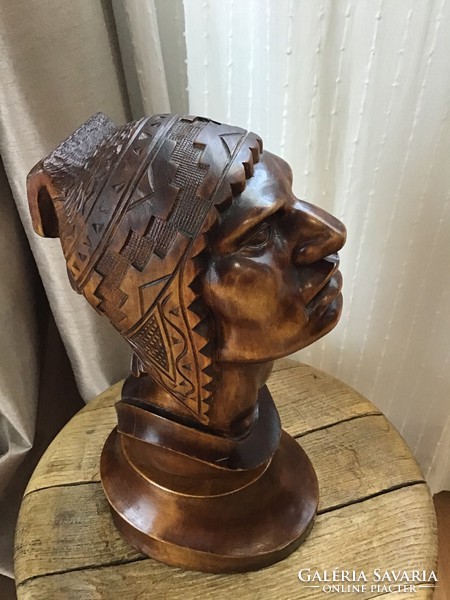 Old art deco Inca Native American carved large size wooden bust
