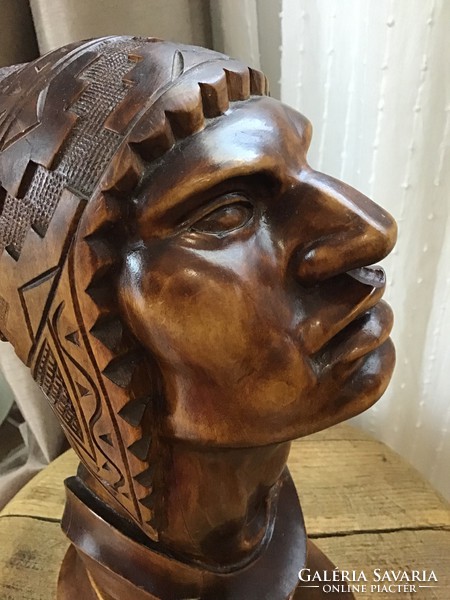 Old art deco Inca Native American carved large size wooden bust